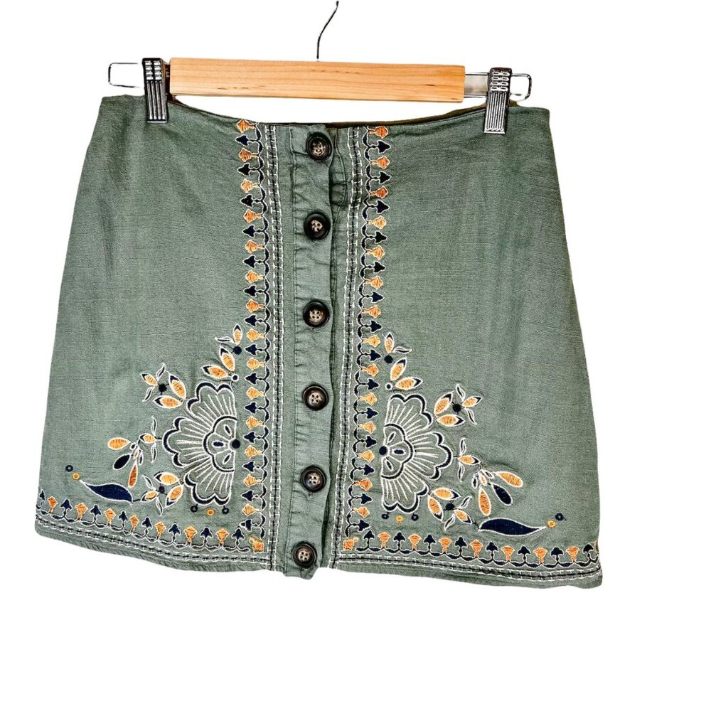 Blue Rain Mini Skirt‎ S Linen Blend Green Blue Yellow Embroidered Size Small